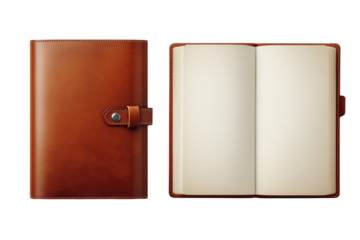 A classic leather bound journal and notebook with blank pages for writing and sketching PNG no background