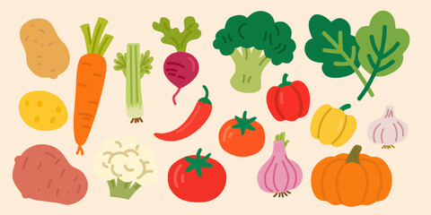 A colorful flat design illustration of fresh vegetables and herbs. Perfect for culinary projects, healthy eating infographics, grocery stores, and recipe illustrations.