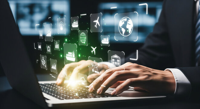Businessman typing on a laptop with holographic icons of transportation and global business floating above, symbolizing digital logistics and international trade