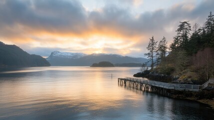 Fototapeta premium Sunset over tranquil waters with dock and distant mountains in the background