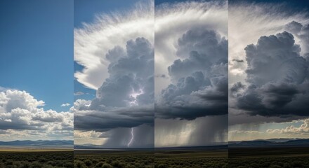 Time-lapse of a developing storm cloud from clear sky to rain, over a distant desert landscape