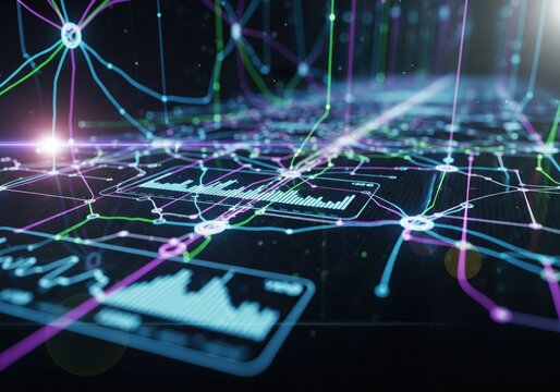 Abstract visualization of a complex logistics network with data analytics dashboards and glowing pathways. Futuristic digital map showing interconnected data routes and a supply chain infrastructure 
