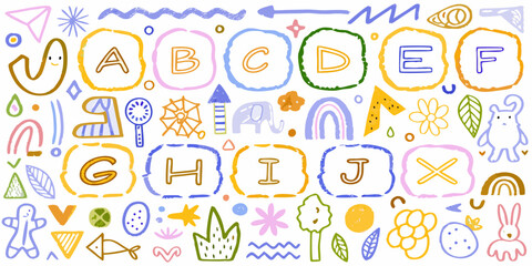 Whimsical hand drawn alphabet letters a to j surrounded by cute doodle illustrations and shapes