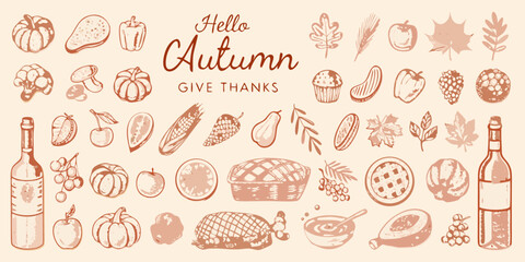 Hello autumn give thanks hand drawn illustration featuring seasonal harvest foods and fall leaves