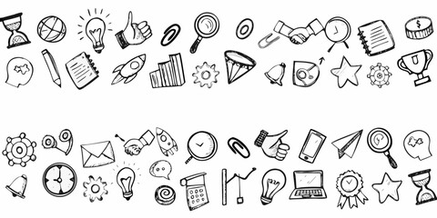 Collection of hand drawn doodle icons representing business concepts and ideas on a white background