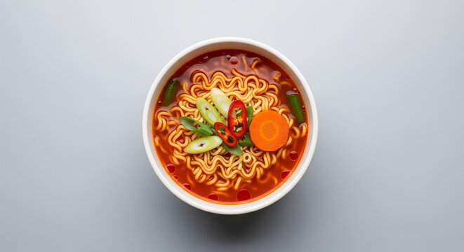 Overhead View of Spicy Korean Cup Ramen with Vegetables