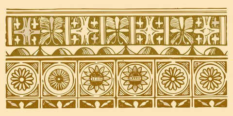 Antique decorative border design with floral and geometric motifs in earth tones