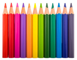  Row of Bright Rainbow Crayons with Sharp Tips, isolated on a transparent background PNG