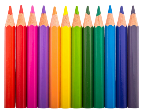  Row of Bright Rainbow Crayons with Sharp Tips, isolated on a transparent background PNG