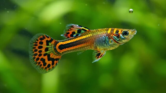 Colorful gula cira fish swimming gracefully inside a transparent aquarium tank surrounded by decorative plants and rocks
