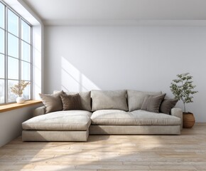 Fototapeta premium A light-filled modern living room showcases a stylish sectional sofa, illuminated by natural light streaming through a large window.