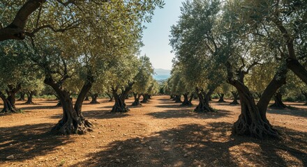 Idyllic Mediterranean landscape with an olive grove overlooking the sea in Greece. Ancient olive trees on a hillside in Crete, Greece, with a coastal village and blue sea in the background.
