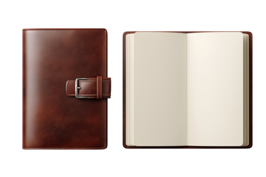 Classic brown leather closed journal and open journal with blank pages ready for notes and creative writing PNG no background