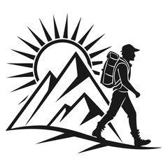 Silhouette of a hiker with a backpack walking in front of mountains and a sun, perfect for adventure themes