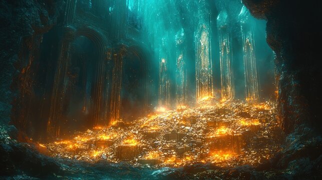 Underwater gold treasure in ancient ruins.
