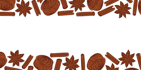 Horizontal frame with cinnamon roll cupcake, star anise and sticks in flat style. Perfect for bakery design, flyer cafe design and sweet dessert shop package.