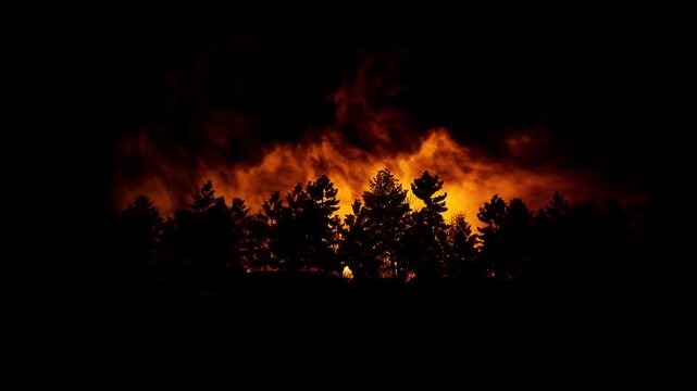 Silhouette of burning forest on dark night with spreading fire and flying sparks. 3D animation.