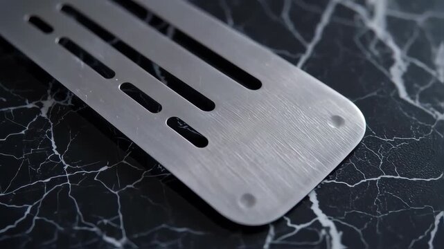 Close-up of a metallic plate with horizontal slots on a dark marble surface
