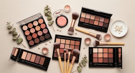 Various makeup palettes and brushes arranged on a light beige surface, showcasing warm tones and textures.