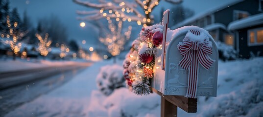 A snowcovered mailbox adorned with christmas decorations stands out in a winter wonderland setting