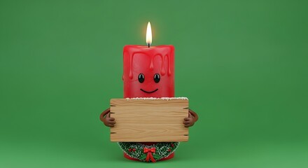 Cartoon Candle with Wooden Sign and Holiday Wreath