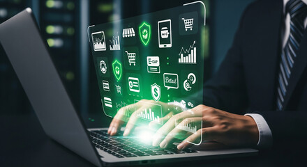 Closeup of a persons hands on a laptop keyboard, with a glowing green holographic interface showing security and shopping icons
