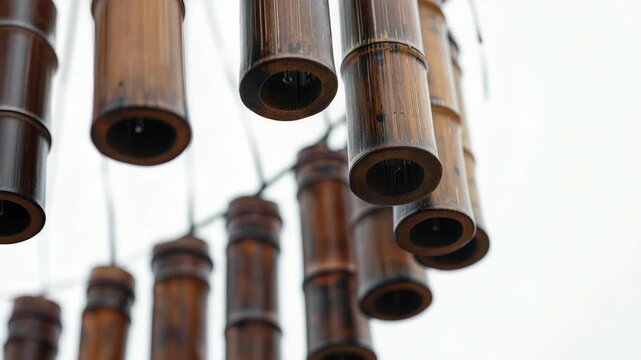Upclose view of wooden wind chimes hanging from a structure, creating a melodic and visual appeal. Perfect for patios or gardens.