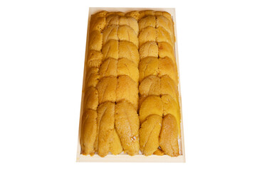 Fresh sea urchin roe (uni) in wooden tray