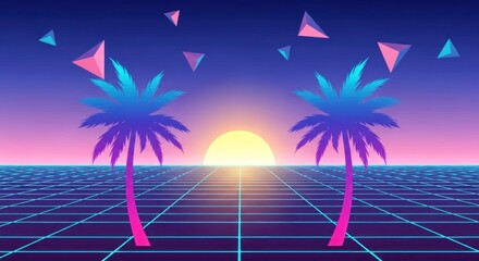 Retro sunset with palms, grid, and geometric shapes in vibrant blues and pinks
