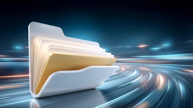 Folder and data flow through illuminated file folder speeding along glowing digital highway conveying secure organized information with dynamic