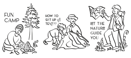 A set of trendy, minimalist Gen Z-style vector illustrations depicting camping activities: making a campfire, setting up a tent, and navigating with a map. Ideal for modern outdoor guides and digital 