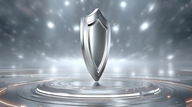 Sleek silver pedestal stage with floating disk and glowing data lights folder futuristic studio mood shiny shield metal protection security silver
