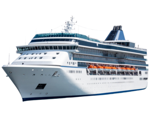 Sleek White Cruise Ship in Side Profile, isolated on a transparent background PNG