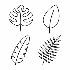 Minimalist Black Line Art Tropical Leaves Vector Icon Set Monstera, Palm, Banana, and Fern Bundle
