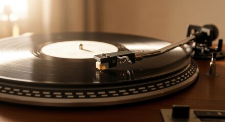 A warm, sunlit, vintage record player with a vinyl record spinning, invoking nostalgia