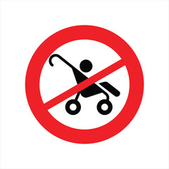 No strollers allowed sign with a red circle and diagonal line over a stroller icon.