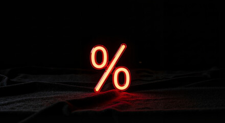 Neon percentage symbol glowing on dark background  