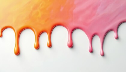 Vibrant dripping paint illustration in pink, orange, yellow hues. Liquid colors flow, splash on white background. Abstract art offers dynamic, smooth, glossy texture, perfect for modern art projects,