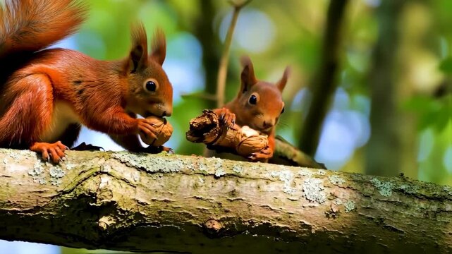 Two red squirrels on a branch, eating nuts