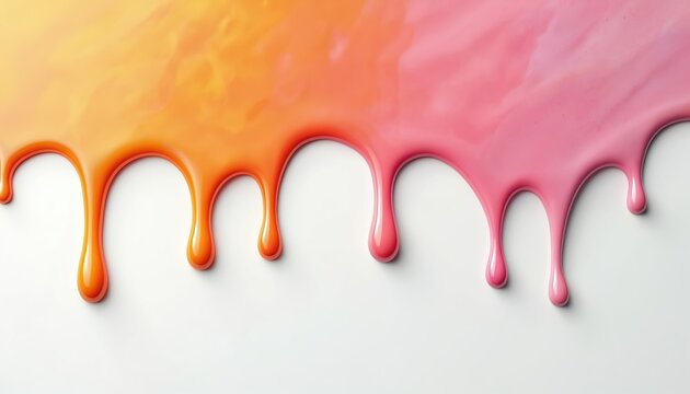 Vibrant dripping paint illustration in pink, orange, yellow hues. Liquid colors flow, splash on white background. Abstract art offers dynamic, smooth, glossy texture, perfect for modern art projects,