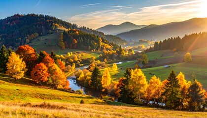 Naklejka premium Scenic autumn hills with colorful trees and winding river under a bright sunset sky