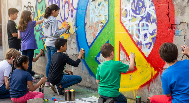Children Painting Peace Symbol Graffiti