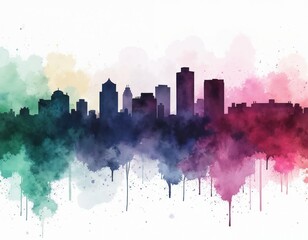 Fototapeta premium Watercolor illustration Norfolk skyline in watercolor background. Silhouette city buildings against colorful watercolor splash. Abstract cityscape art with grunge texture. Bright illustration.