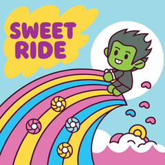 Fototapeta premium Cartoon green boy enjoys riding a colorful rainbow, candy, and clouds on a light blue background