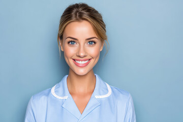 Fototapeta premium Smiling female nurse in professional uniform on blue background with ample space for your message or advertising content