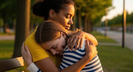 Warm hug mother embraces child in soft golden hour sunlight park outdoors