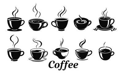 Hot coffee cups set, steaming coffee icons, black coffee silhouette, espresso mug vector, cafe drink symbols