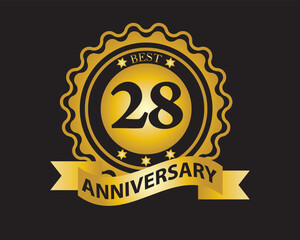 28th Anniversary Golden Badge. Best Anniversary Seal with Ribbon. Vector Illustration on Black Background