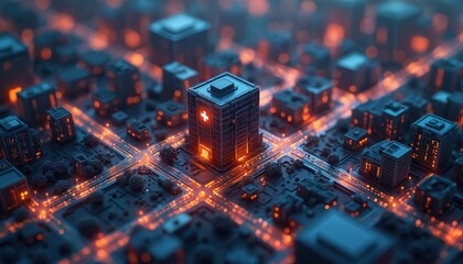 Digital city infrastructure with glowing networks connects healthcare facilities. Urban planning advanced telemedicine integration for improved patient care, efficient medical service delivery.