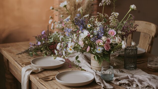 A table with a vase of flowers and two white plates
